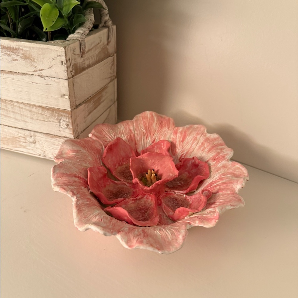 Camellia/Peony-inspired 3D Ceramic Porcelain Flower Plate Handmade Decor